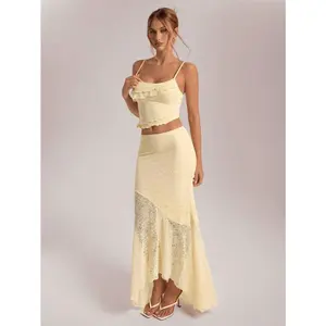 Women's 2-Piece Casual Plain Set - Spring/Summer Asymmetrical Lace Vest with Sheer Hem, Low-Waist Ruffled Fish Tail Skirt for Vacation, Wedding Season