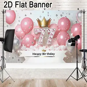 2D flat banner, 1pc77th Birthday Party Backdrop, Pink Silver Balloons Crown Diamond Decorations, Happy Birthday Banner for 77th Celebration, Luxury Sparkle Theme Decor