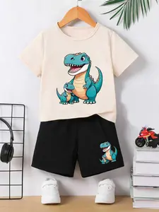 Boys Summer Short Sleeve Shorts Set, Dinosaur Print, Breathable Fabric, Round Neck, Loose Fit, Casual Wear, Perfect for School and Outdoors