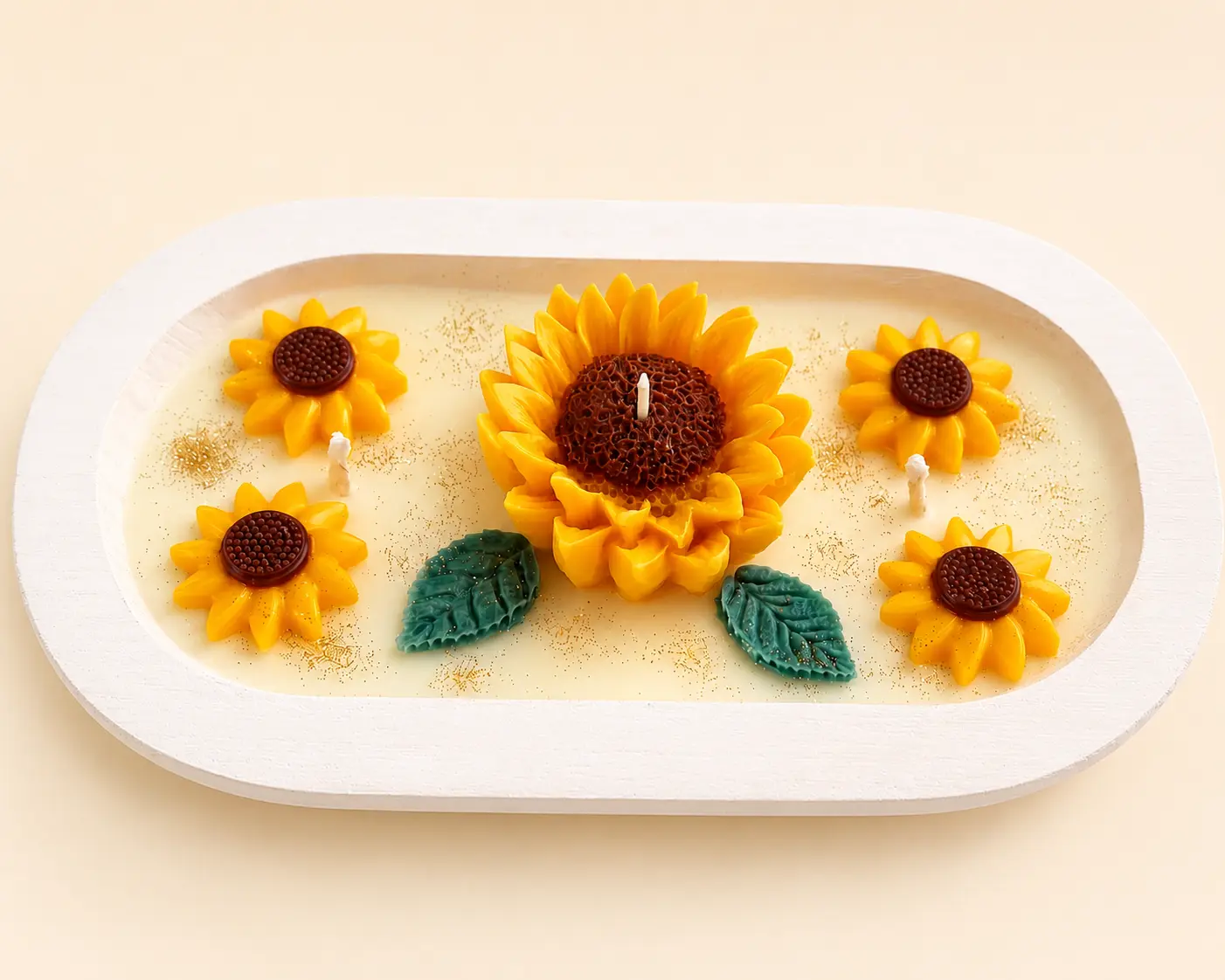 Handmade Sunflowers Tray Candle -Scented Decorative Candle in Wooden Bowl. Home decor gift