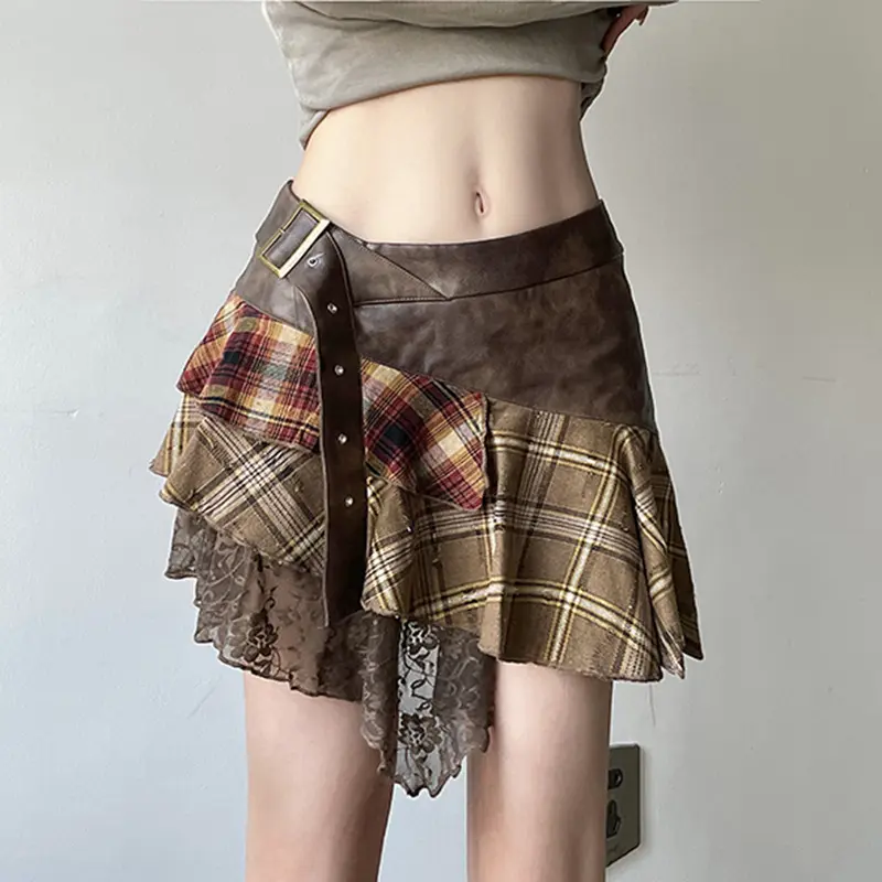 Wasteland Design Irregular Lace Patchwork Plaid Skirt Women Belt Buckle Color-Block Slimming Short Skirt