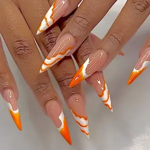 24 Pcs Almond Shape Spring Summer Nail Set, Nude Gradient with Vibrant Wave Pattern, Reusable with Jelly Glue and File Tool