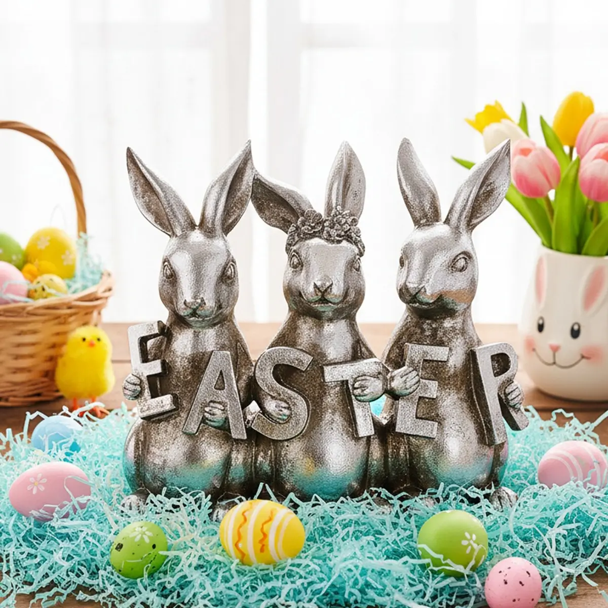 Cute Easter Resin Rabbit Statue, Hand-Painted Spring Decor, Indoor Outdoor Decoration, Perfect for Easter Festivals and Home Art