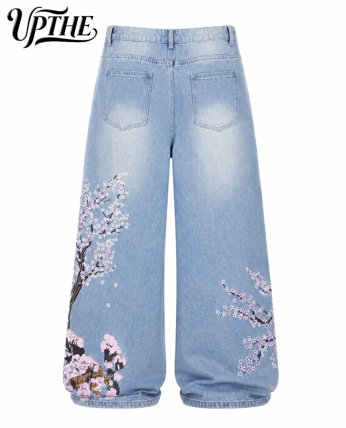 UPTHE Light Wash Cherry Blossom Embroidery Baggy Wide Leg Jeans, Y2K Streetwear Loose Denim Pants, Casual Daily Outfit Oversized Trousers For Men