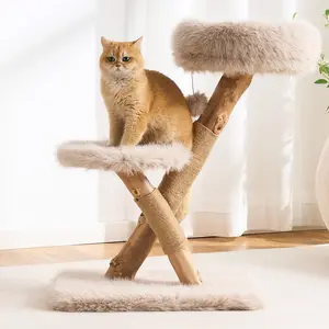 HITTITE Natural Solid Wood Cat Tree Tower with Scratching Post 32 Inches Tall Modern Cat Tower with Cozy Bed and Platforms Luxury Real Branch Cat Tree for Indoor Cats Large Adult