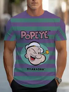Men's Premium Quality T-Shirt - Vibrant Sailor Graphic Print with Striped Pattern & Popeye Cartoon Artwork, Soft Breathable Fabric, Regular Fit Crew Neck for Casual Casual Attire, Fashion, Cruise T Shirts for Family, Comfortable Casualwear, Classic Crewne