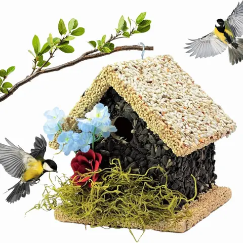 Edible Birdhouses Light Roof Short Birdhouse Feeder – Wooden Birdhouse Covered in Birdseed, Reseedable, Attracts Songbirds, Handcrafted in USA, Solid Wood, Chili Flakes Help Deter Squirrels