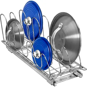 Pull Out Pot Lid and Cookie Sheet Organizer Rack for Cabinet - Lifetime Ltd. Warranty - Sliding Kitchen Organizers – Pans, Pots, Lids, and Tray Storage - 7.25 wide x 21 inch, Chrome