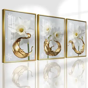 3 Counts Aluminum Alloy Framed Painting, White Daffodil Gold Splash Art Pictures, Home Decoration For Living Room, Bedroom, Office, Restaurant, Hallway Wall Decor, Odorless Print Artwork, Luxury Perfect Gift For Friends And Family