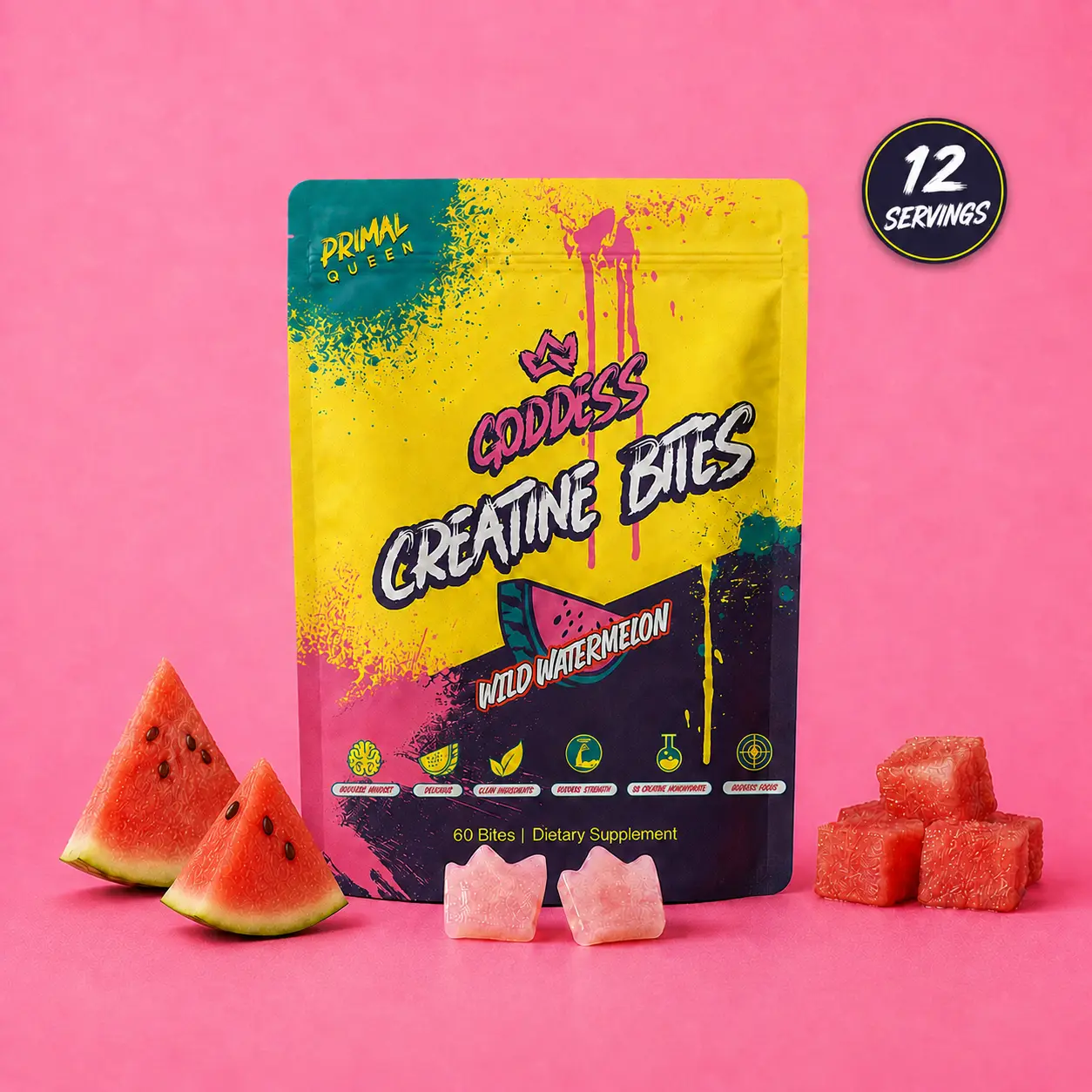 Primal Queen Goddess Creatine Bites Travel Pack | 12 Servings, Lean Muscle Boost and Cognitive Support for Women