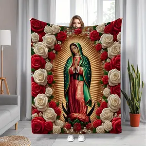 Virgin Mary and Rose Print Flannel Blanket, Soft, Warm, All-Season Blanket Suitable for Travel, Home, and Gifts, Mixed Colors, Ideal Holiday Gift,Blessing Prayer Mat,Vintage Home Decor Enthusiasts