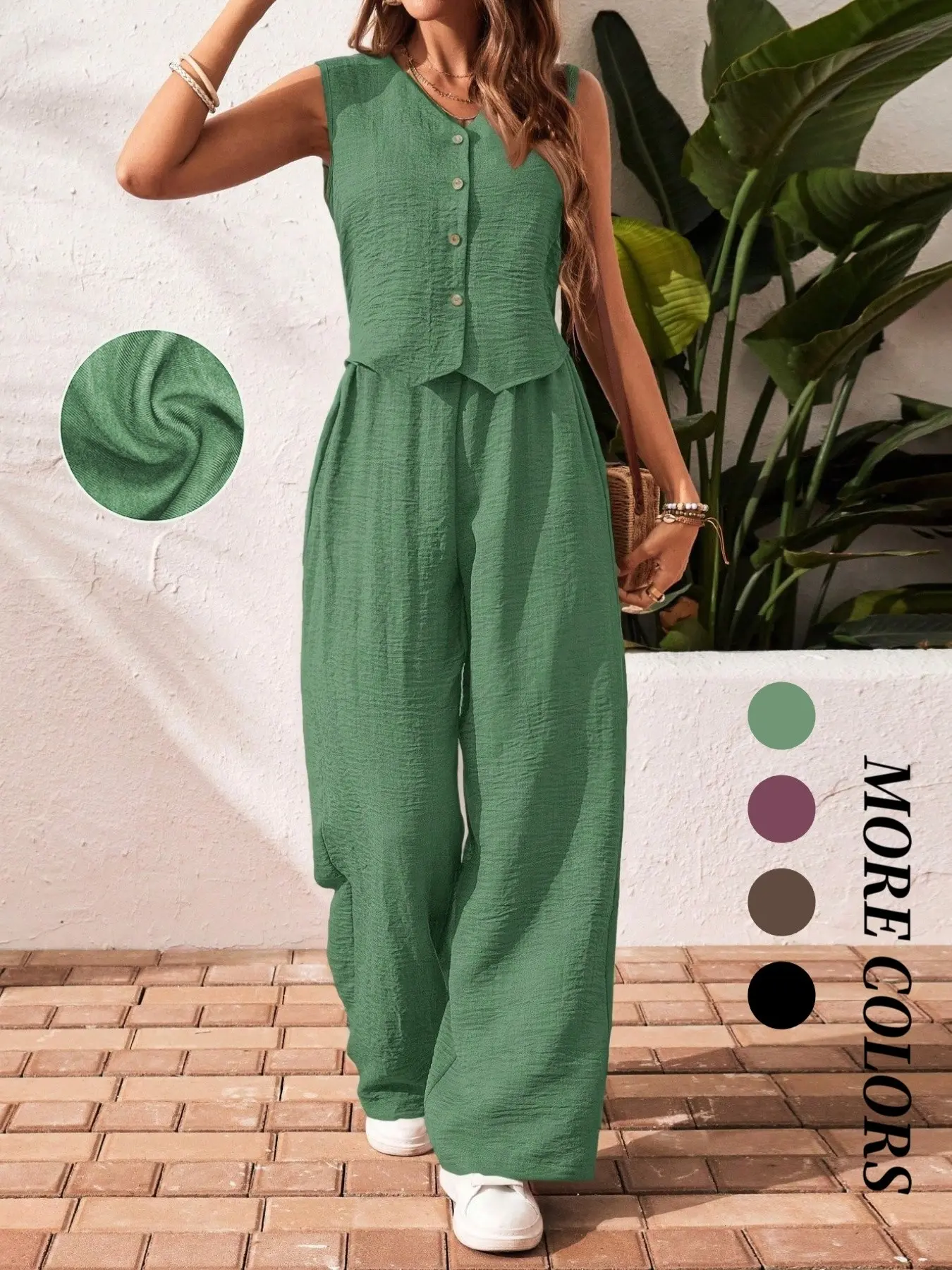 Women's Summer Casual Solid Slimming Vacation Set, Sleeveless Button Front Top and Pants, Versatile Two-Piece for Daily Wear
