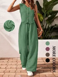 Women's 2-Piece Vacation Casual Plain Button Front Sleeveless Top and Pants Set, Fitted Suit for All Seasons, Comfortable and Stylish