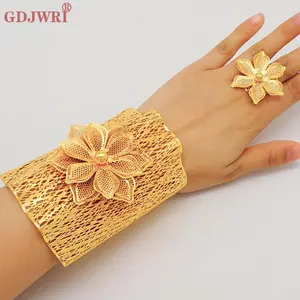 Luxury Indian Dubai Gold Color Big Bangles & Ring For Women African Arabic Charm Bracelet Jewelry Nigerian Wedding Gift Bijoux