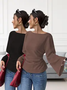 Women's Casual Minimalist Loose Fit Knit Flared Sleeve Top Set, Long Sleeves, Plain Color, Soft Clothes for Daily Wear