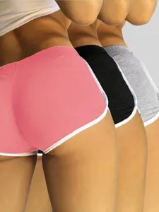 Women's Casual Sportswear Home Essentials Slim-Fit Short Pants Set, Three-Piece Daily Wear Comfortable Ladies Underwear