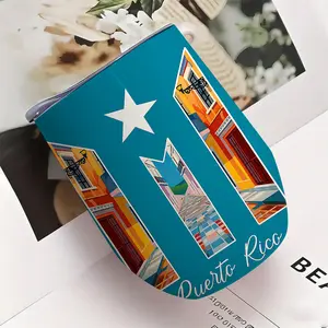 1 Puerto Rico-themed turquoise blue and gold insulated cup, featuring Puerto Rico's national flag colors - Double-layer vacuum insulated cup, suitable for hot/cold drinks, leak-proof travel cup - Gym, office, vacation - Spanish text and iconic landmarks (