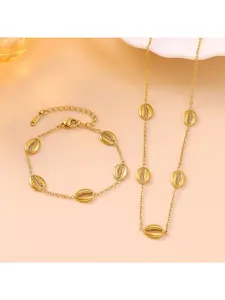Gold Tone Cowrie Shell Jewelry Set for Women, 2Pcs Dainty Seashell Charm Necklace & Bracelet Set, Elegant Stainless Steel Everyday Jewelry