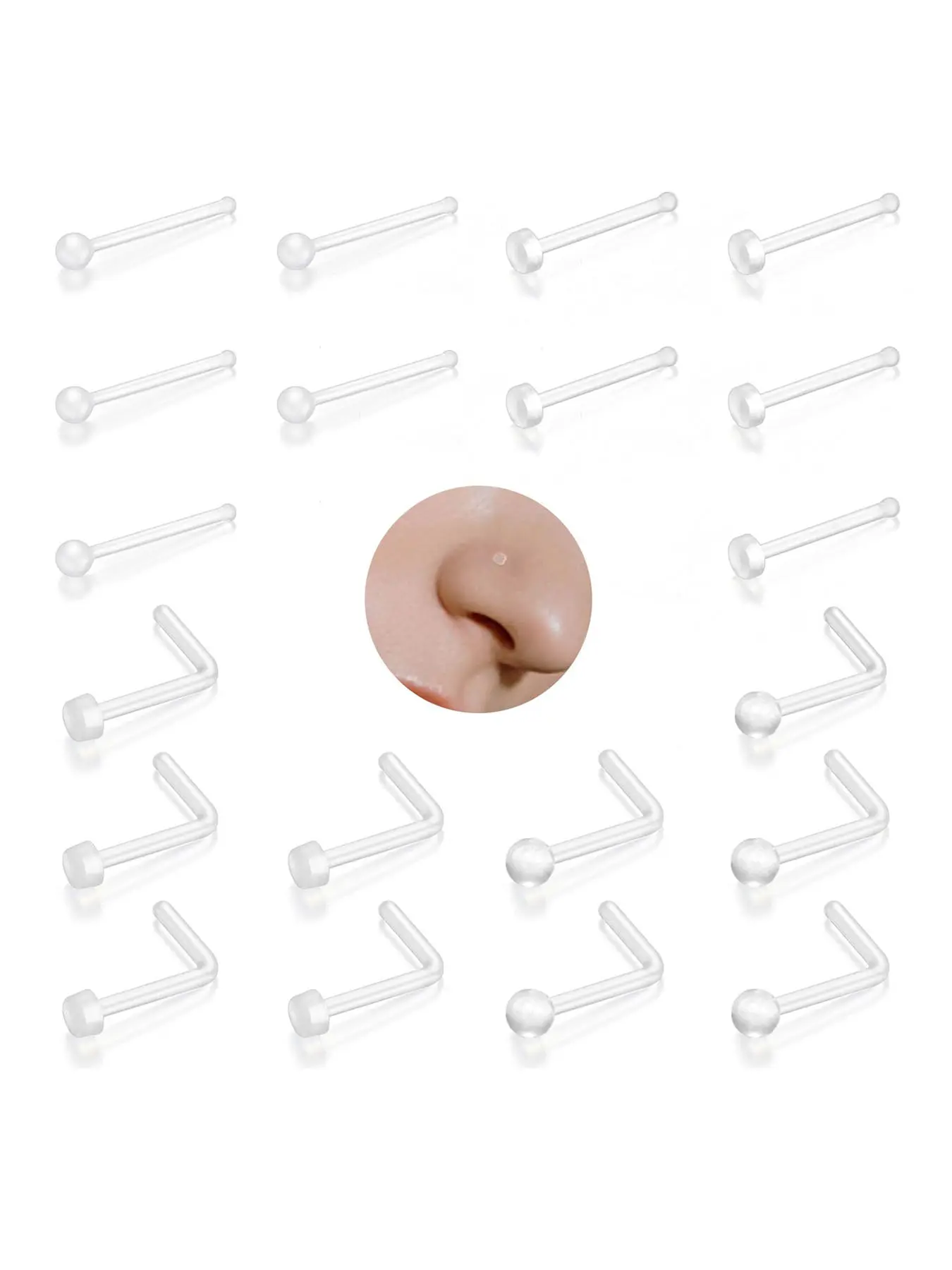 20Pcs Clear Nose Rings Retainer Set, Body Piercing Jewelry – 20G I & L Shape Bioflex Studs, Flat & Round 2mm Top Invisible Nose Piercing Jewelry for Work, Hospital, School, Surgery