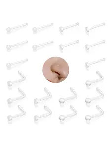 20Pcs Clear Nose Rings Retainer Set – 20G I & L Shape Bioflex Studs, Flat & Round 2mm Top Invisible Nose Piercing Jewelry for Work, Hospital, School, Surgery