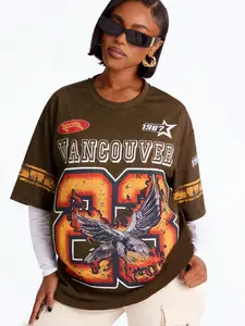 Women's Vintage Vancouver Eagles Short Sleeve T-Shirt, Flame Design Streetwear Casual Top, Youth Daily Wear