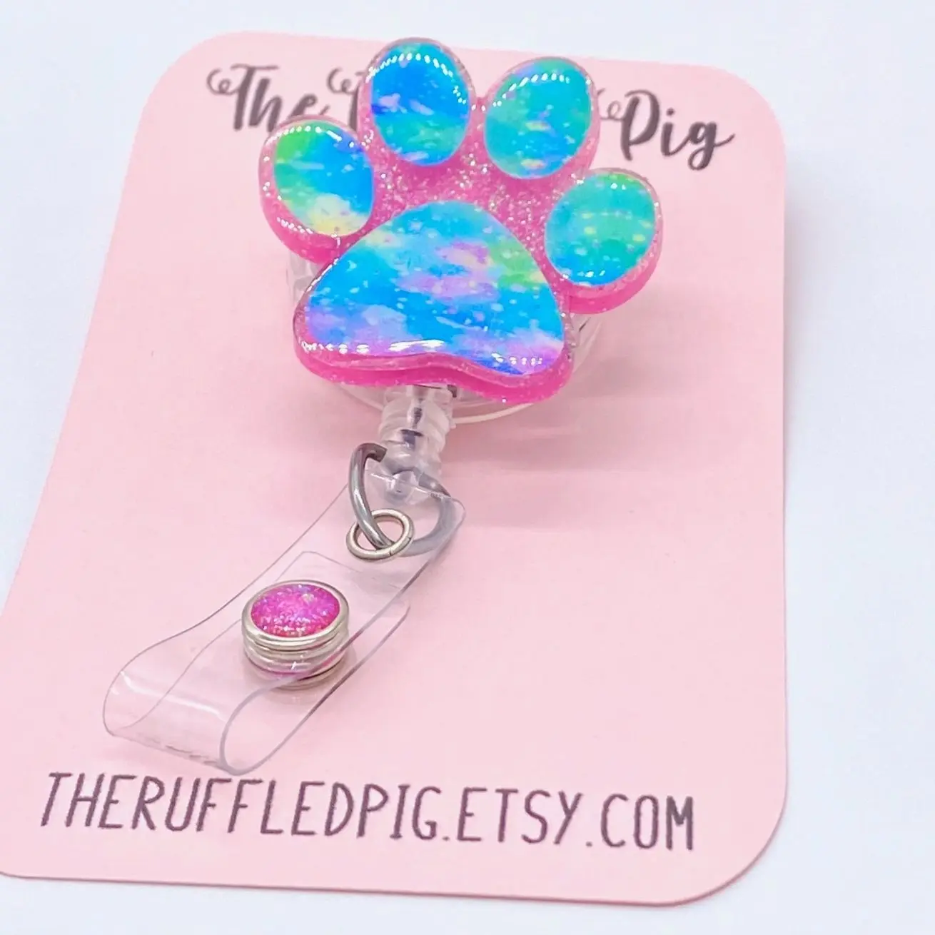 Dog Paw Badge Reel: Lanyard, clip, carabiner, teacher lanyard - pink glitter paw, gifts for vet tech dog lovers veterinarian nurses RN