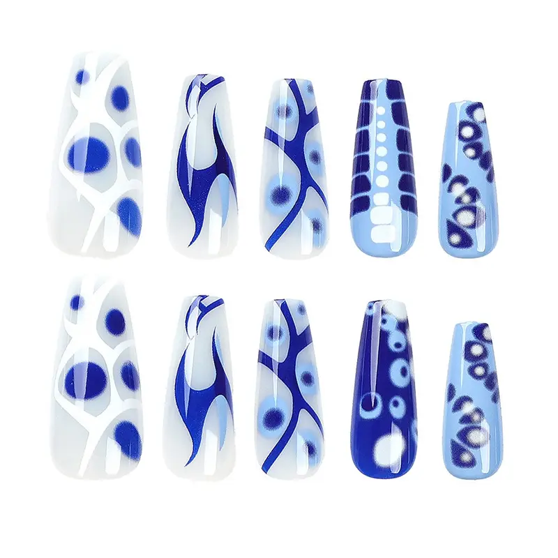 24PCS Blue Crocodile Pattern Design Press on Nails Long Coffin Nails with Goth Style Glossy Nails Reusable Nails Swirl Freestyle Removable Nails for Women DIY Nails Art & Nails Care