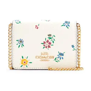 COACH Wildflower Print Leather Chain Crossbody Bag for Women – Mini Shoulder Handbag and Wallet in White