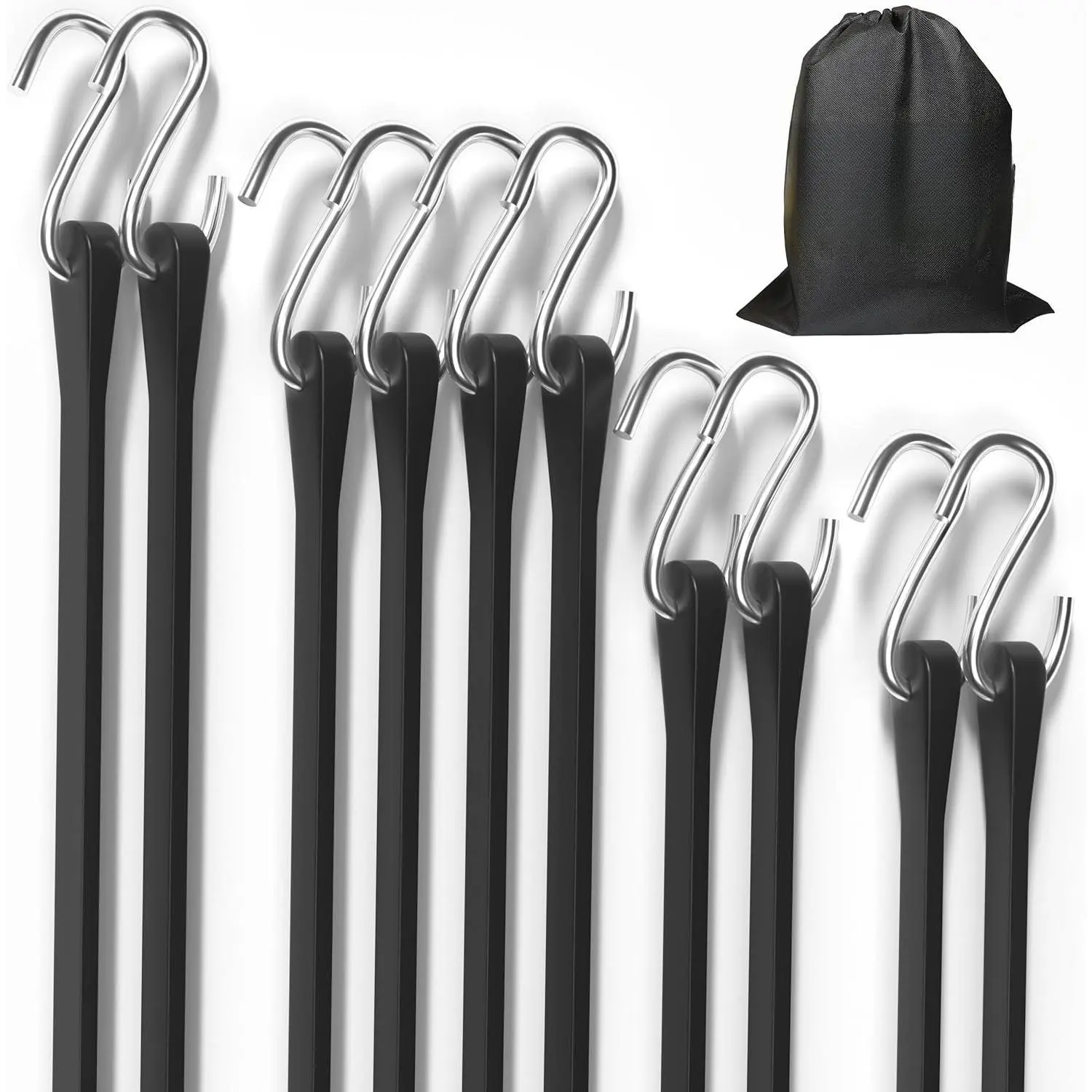 10Pack (10'', 15", 21", 31") Rubber Bungee Cords with S Hooks - Heavy Duty Black Bungee Straps, EPDM - Load 180 lbs, Outdoor Tie Downs, Securing Tarps & Canvases & Cargo in Cold Hot Climates