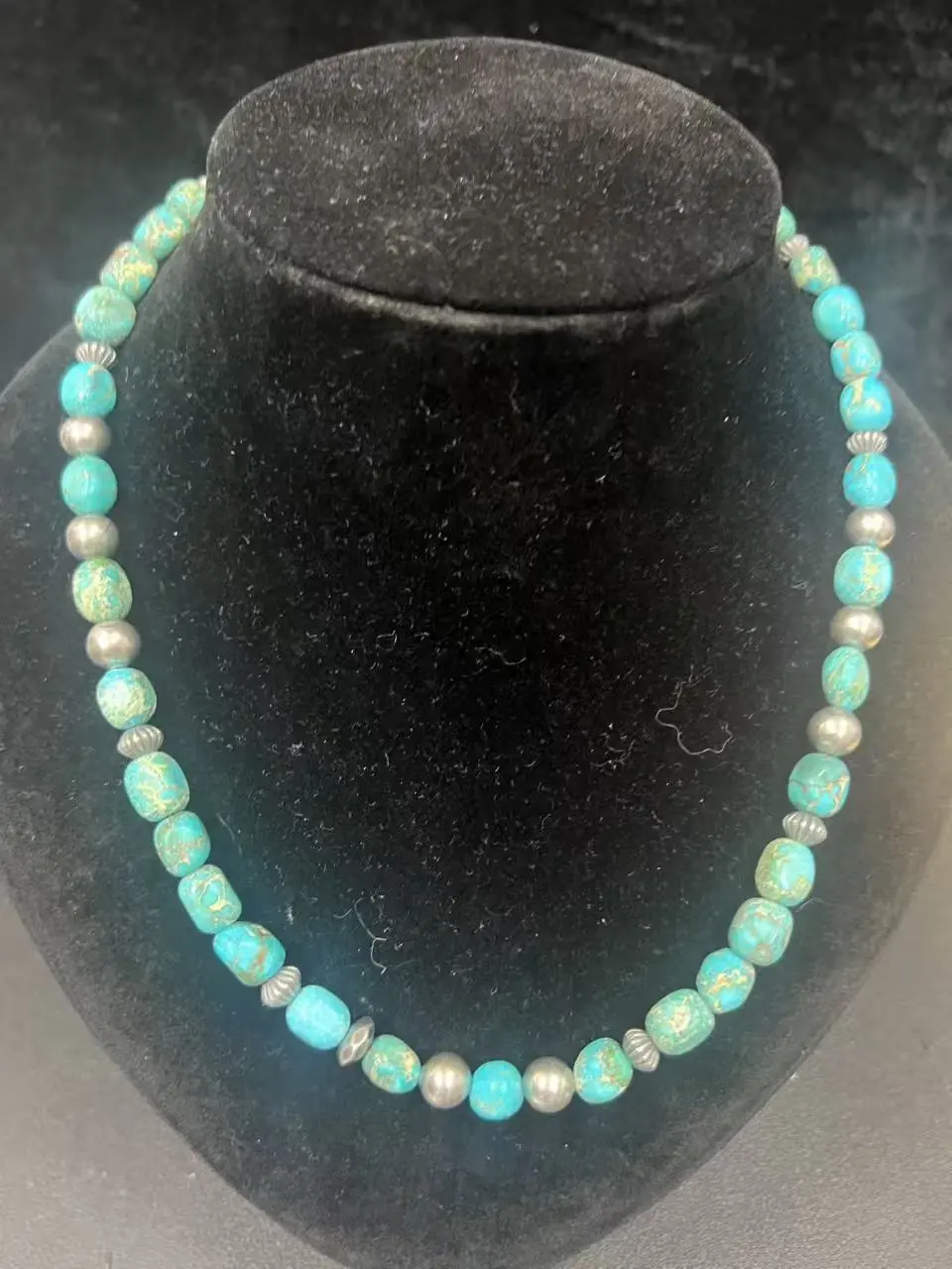 Vintage Natural American Turquoise Round Bead Necklace Retro Boho Southwest Style