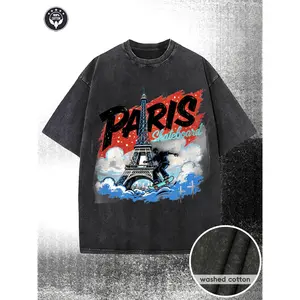 Paris Skate Culture T-Shirt - 230g Washed Cotton French Capital Tee with Eiffel Tower Skateboarder Graphic, Graffiti 'PARIS' & Cursive 'Skateboard' Print - Casual Streetwear for Skateboarding Enthusiasts
