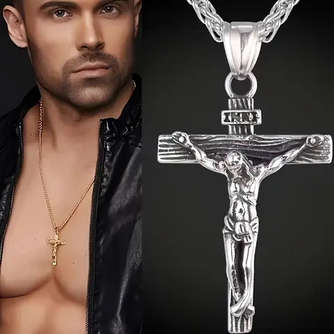 18K Gold-Plated Stainless Steel Jesus Cross Pendant Necklace Exquisite Religious Design Durable Christian Jewelry Gift for Men & Women All Year Round