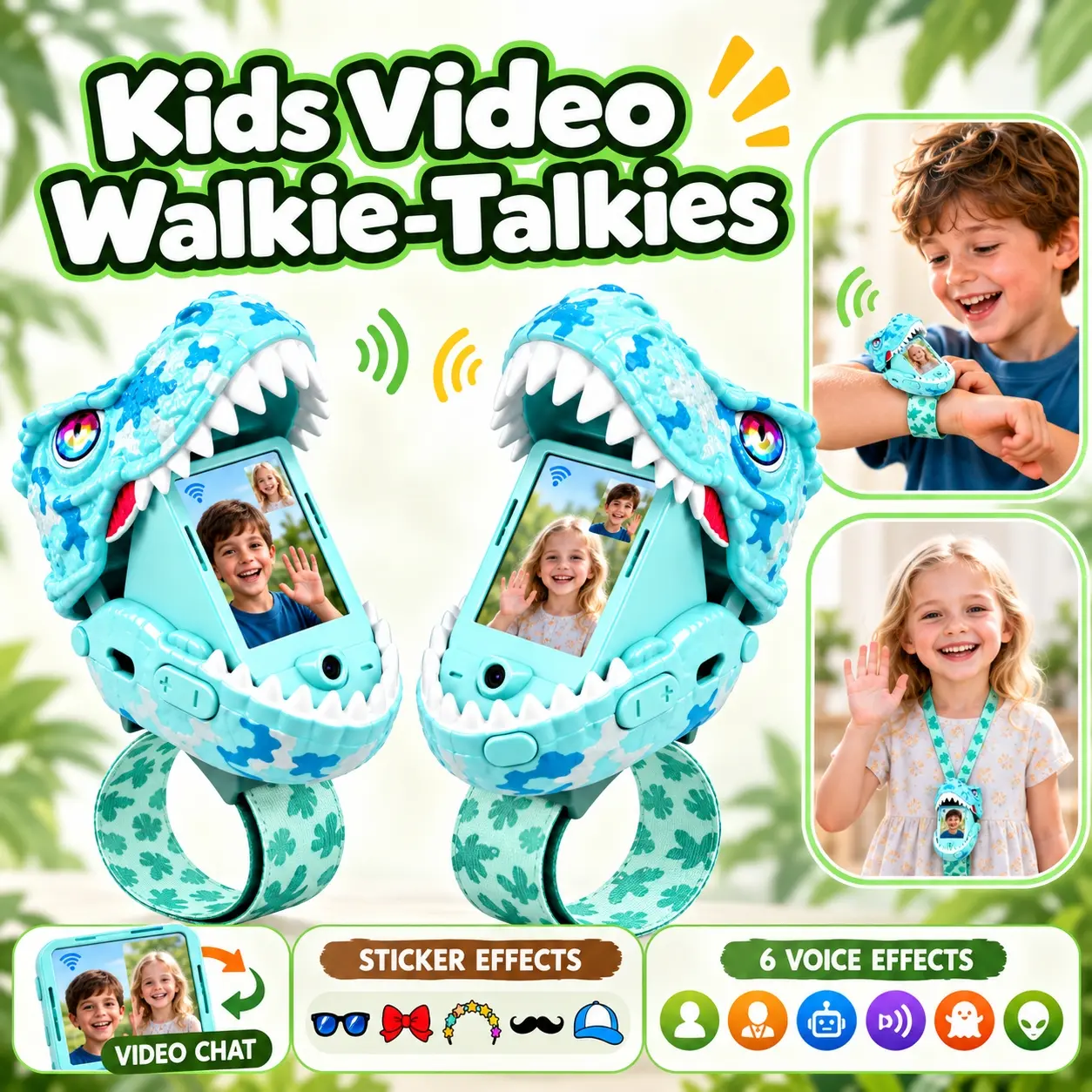 Vvinca Kids Rechargeable Battery Video Walkie-Talkies 2-Pack, Dinosaur Wrist 2-Way Video Chat Toy, Long-Range Set for Boys & Girls, Outdoor Fun, Durable Colorful Indoor/Outdoor Use, Birthday Halloween Gift