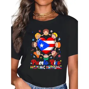 Unisex Puerto Rico Flag Graphic Printed Short-Sleeve Round Neck Casual Streetwear Top for Hispanic Heritage Month