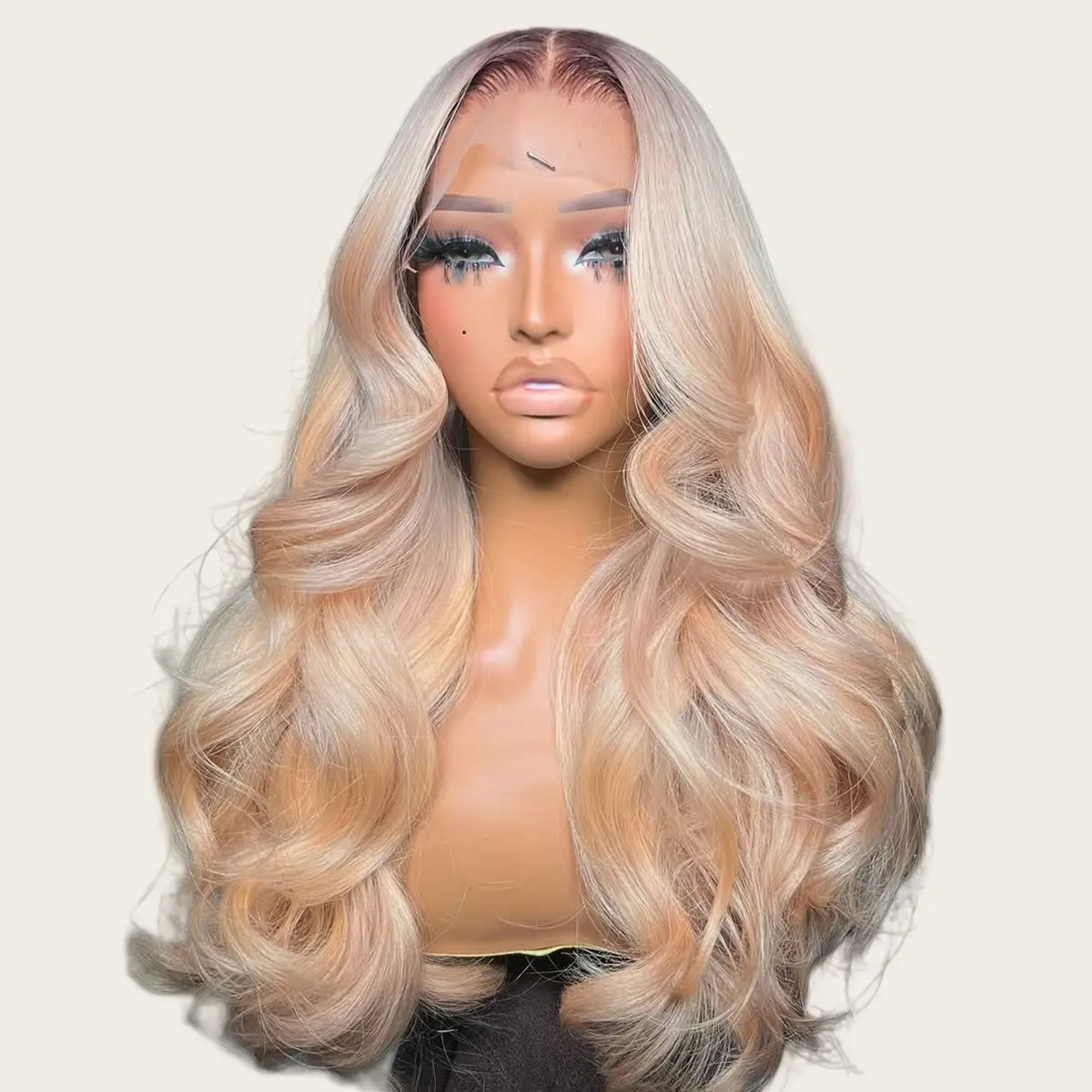 Brown Roots Ash Blonde Colored Body Wave 13x6 Lace Frontal Wig 200% Density Transparent Lace Bleached Knots Pre-Plucked With Baby Hair Ombre Ash Blonde Human Hair Wigs For Women, Heat Resistant Wig
