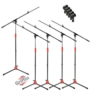 Microphone Boom Stand with Telescopic Arm (Pack of 5) by GRIFFIN | Adjustable Holder Mount For Studio Recording Accessories, Singing Vocal Karaoke, Live Stage DJ | Mic Clip Adapter Tripod Folding Legs