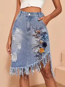 Women's Embroidered Ripped Denim Skirt, High Waist Embroidered Irregular Denim Skirt, Three-dimensional Flower Embroidery + Hem Tassel Raw Edge Design