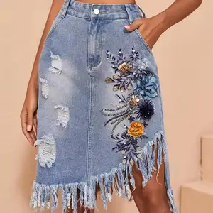 Women's embroidered corrugated denim skirt, high waisted embroidered irregular denim skirt, 3D flower embroidery+hemp fringe edge design