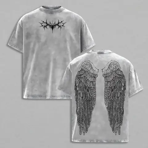 Men's 100% Cotton Washed Vintage Graphic Tee - Classic Menswear Apparel, 2000s Goth Grunge Oversized Alt Dark Streetwear Top, Soft Seamless Premium Fabric, Gothic Wing Anime-Inspired Design