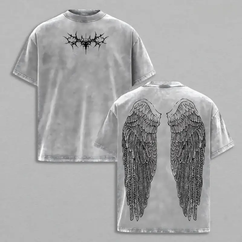 Men's 100% Cotton Washed Vintage Graphic Tee - Classic Menswear Apparel, 2000s Goth Grunge Oversized Alt Dark Streetwear Top, Soft Seamless Premium Fabric, Gothic Wing Anime-Inspired Design