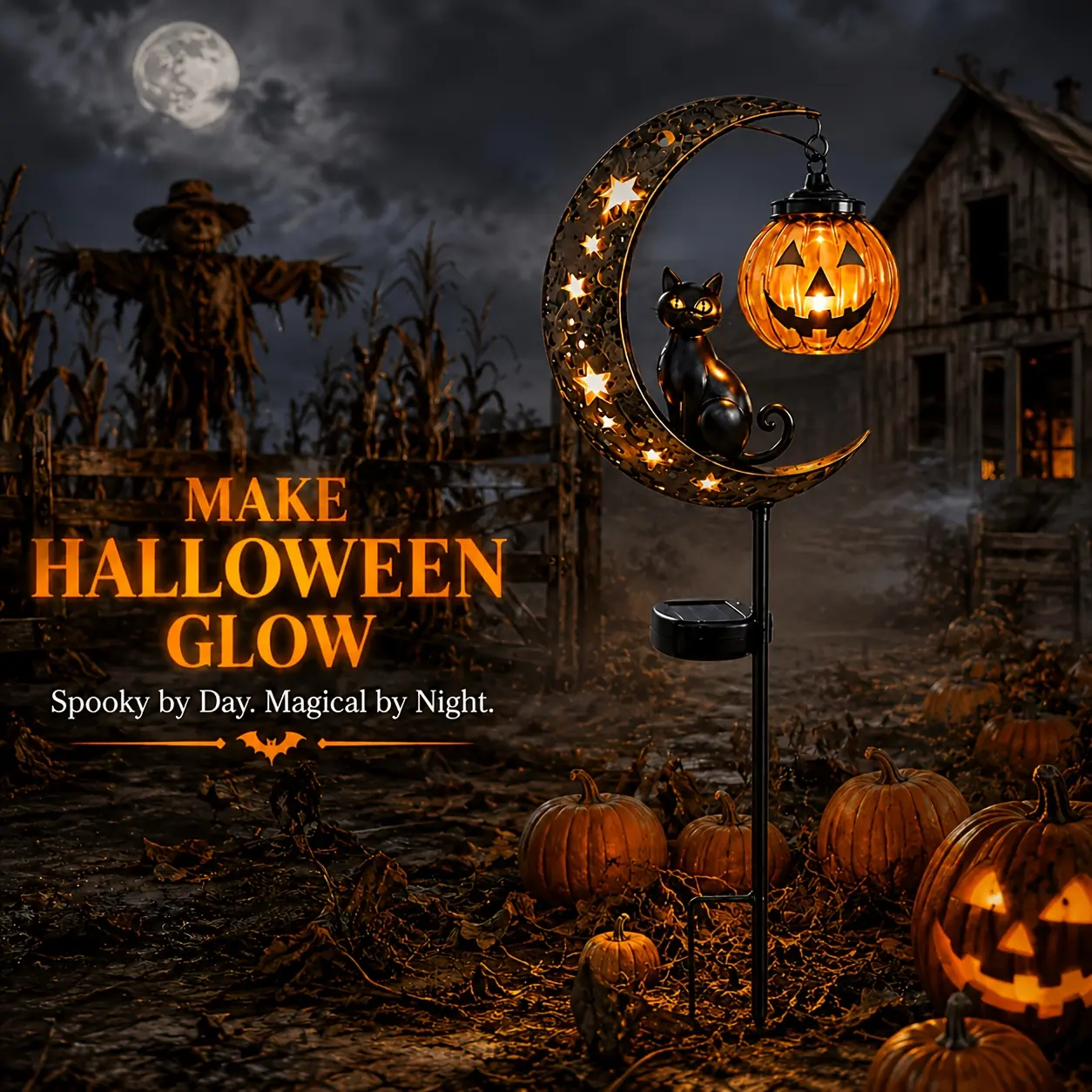 Solar Halloween Outdoor Garden Stake Lights – Waterproof, Black Cat & Crescent Moon Pumpkin Lanterns; for Yard, Lawn Paths, Patios, and Garden Decoration