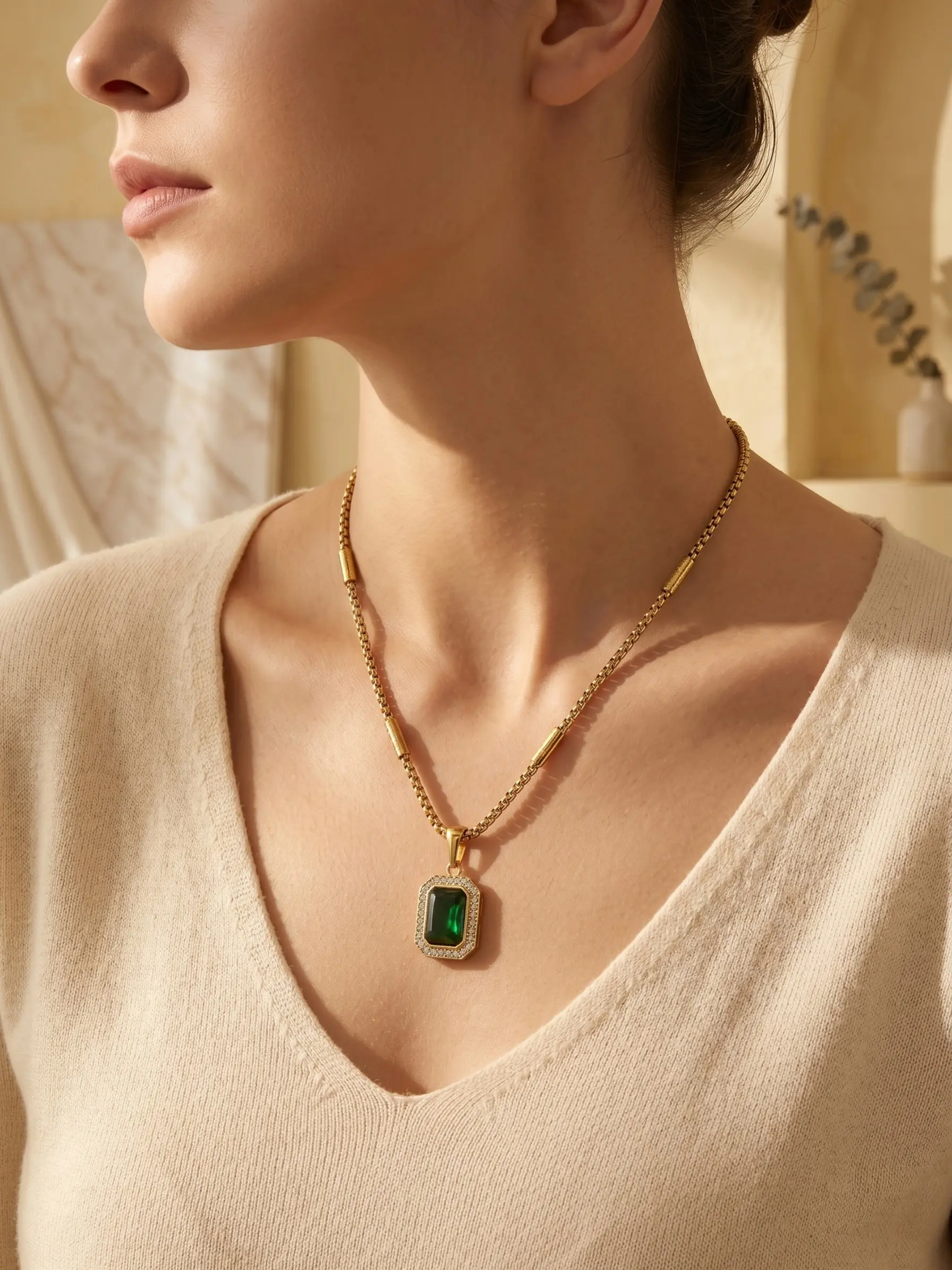 Emerald Cut Halo Pendant Stainless Steel Necklace, Old Money Aesthetic Cuban Link & Bamboo Chain Tarnish Resistant Jewelry for Everyday & Office Wear