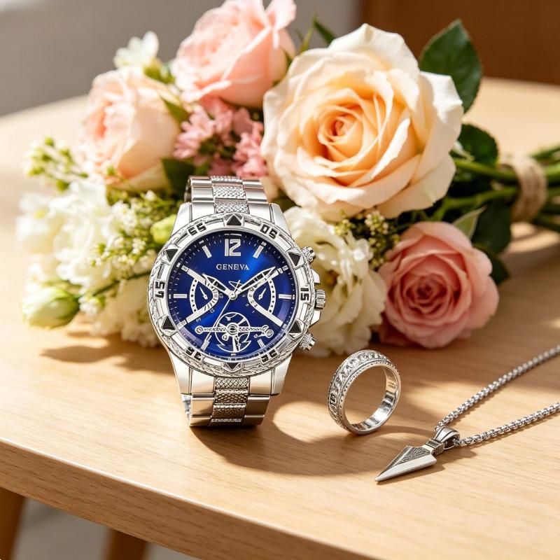 Viral 4-Piece Men’s Silver Kit | Blue Dial Watch + Cuban Bracelet & Ring