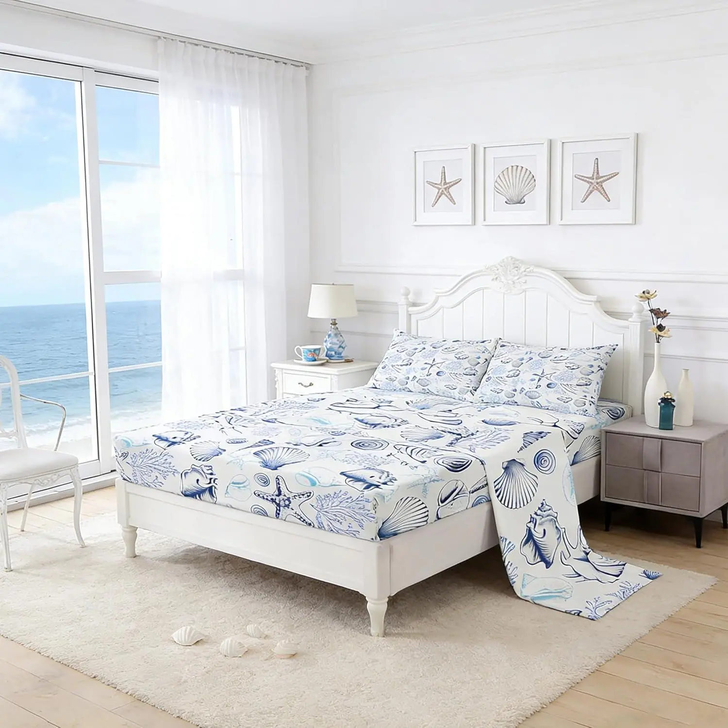 Coastal Sheet Set,Beach Seashell Starfish Coral Bedding Set Sea Ocean Theme Bed Sheet for Kids Teens Adult Bedroom Decor,Navy Sketch Nautical Fitted + Flat Sheet