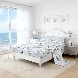 Coastal Sheet Set,Beach Seashell Starfish Coral Bedding Set Sea Ocean Theme Bed Sheet for Kids Teens Adult Bedroom Decor,Navy Sketch Nautical Fitted + Flat Sheet