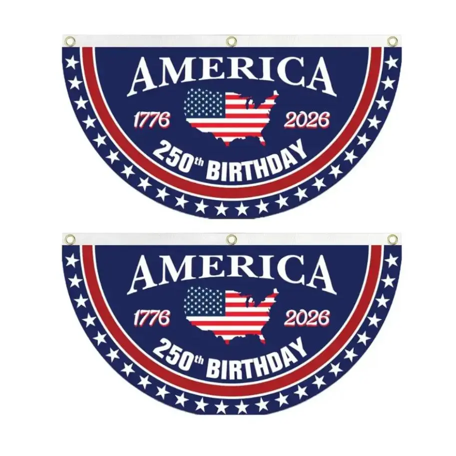 America 250th Birthday Semicircular Flag Banner 1776–2026 Patriotic Bunting, USA Independence Day Porch Decor Flag, Fourth Of July Patriotic Half Fan Flag Decoration For Porch Fence Yard