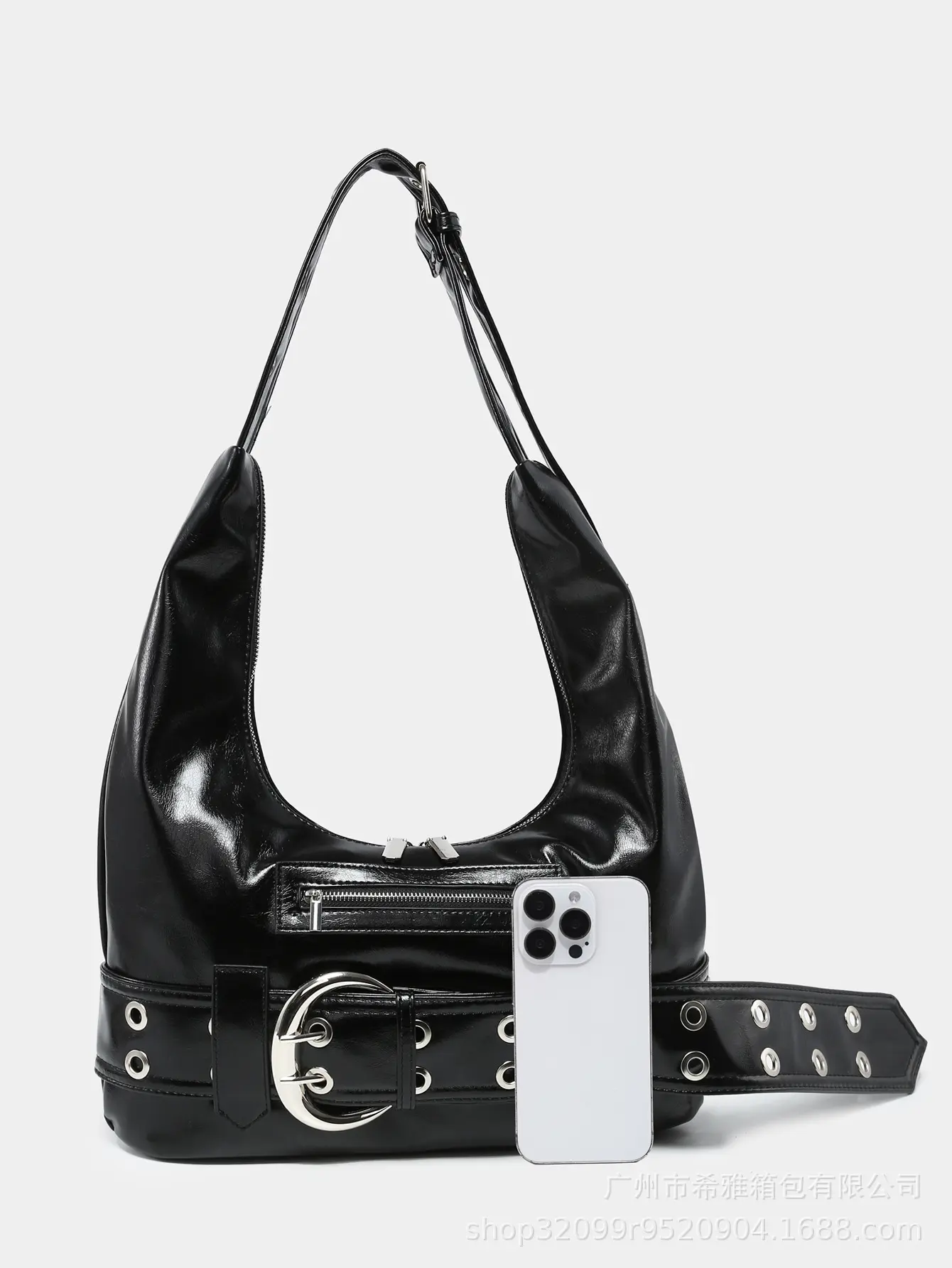 Y2K Grunge Black Hobo Bag with Belt Accent - Edgy Shoulder Purse 