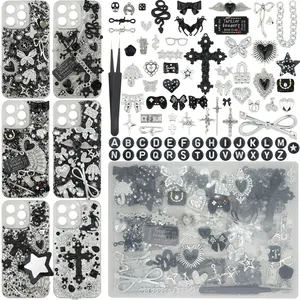 2250 Pcs Black Silver Junk Case Charms Kit, Cool Charms for Junk Cases, Big Cross, Bat, Snake, Spiked Heart, Chains, Dollar Charm, Black Letter Beads, Silver Studs, Glitter Confetti