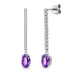 Gem Stone King 14K White Gold Gemstone Birthstone and White Lab Grown Diamond Long Liner Dangle Earrings for Women | Oval 7X5MM | White Gold Chain Drop Earrings