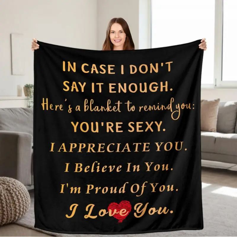 Romantic Affirmation Printed Throw Blanket (1 Count, 280GSM) - Glam Look, Heart Motif, Affirming Texts, Printed Pattern, Machine Washable for Couch, Bedroom, Gifting to Partner